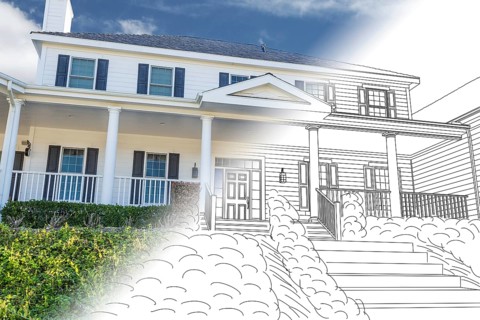 Beautiful custom house drawing and photo combination on a white background