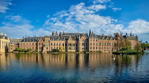 Panorama of the Binnenhof House of Parliament and the Hofvijver lake