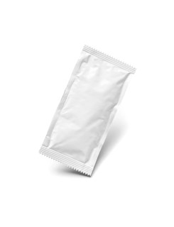 Blank white condiment packet floating isolated on white background