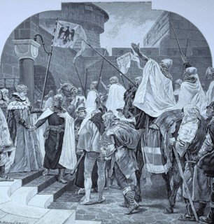 Frederick II being seen off by the Knights of the Teutonic Order in Marburg