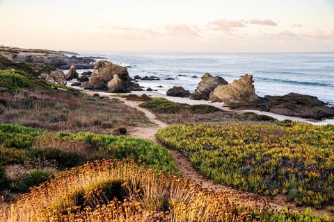 Beautiful landscape and seascape with rock formation in Samoqueira Beach