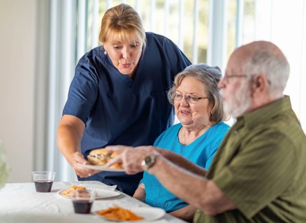 Female doctor or nurse serving senior adult couple sandwiches at table