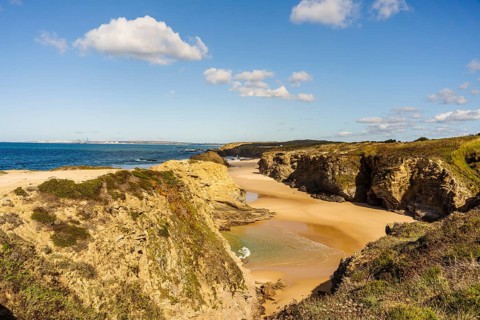 Beautiful landscape and seascape with rock formation in Samoqueira Beach