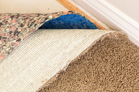 Pulled back carpet and underlayding in room of house