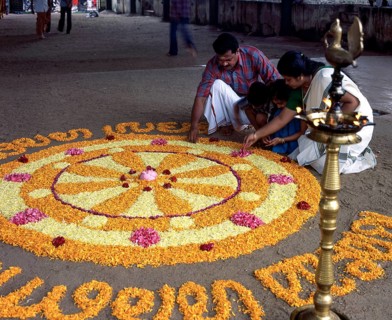 Aththapoovu or Floral decoration during Onam festival in front of Bhagavati temple in Kodungallur