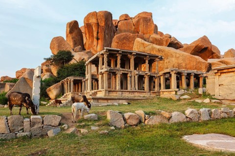 Ancient Vijayanagara Empire civilization ruins of Hampi now famous tourist attraction. Sule Bazaar