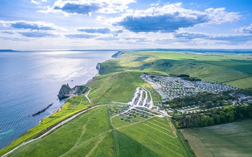 Panorama over Durdle Door Holiday Park and Jurassic Coast and Clifs
