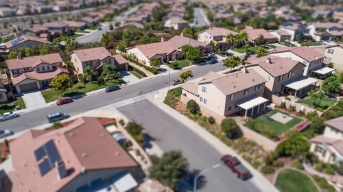 Aerial view of populated neigborhood of houses with tilt-shift blur