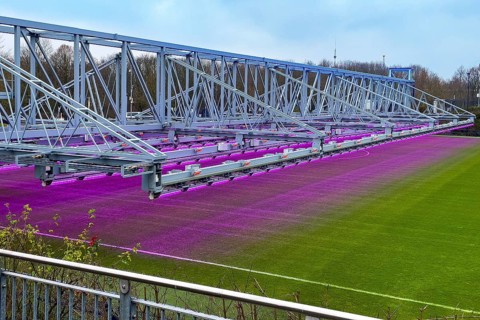 Fully automatic movable LED lighting system for turf growth lighting of stadium driven turf football pitch playing field of Bundesliga club football club FC Schalke 04