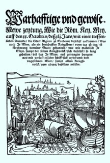 Titelbild und erste Zeile einer Zeitung ueber Karl V. der mit seiner Armada die Stadt Algier erobern will