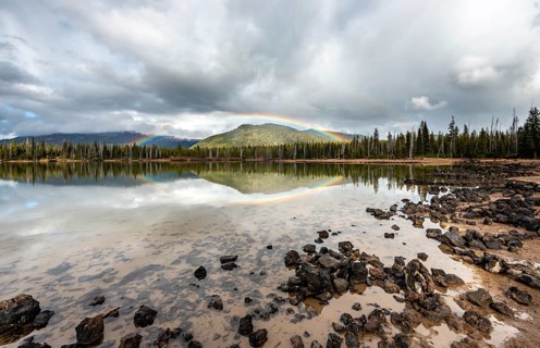 Rainbow in dark clouds over a forest