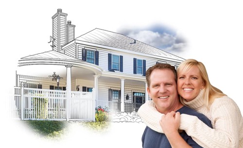 Happy hugging couple over house drawing and photo combination on white