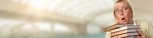 Banner of beautiful expressive student or businesswoman with books