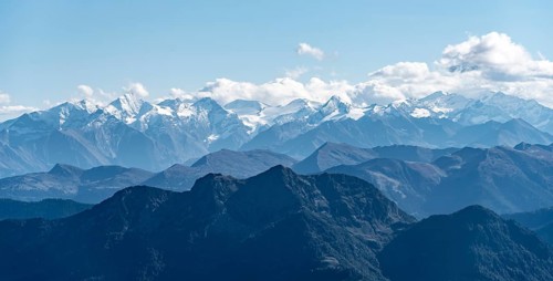 Snow-covered mountain peaks on the main ridge of the Alps