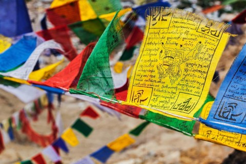 Tibetan Buddhism prayer flags lungta with Om Mani Padme Hum Buddhist mantra prayer