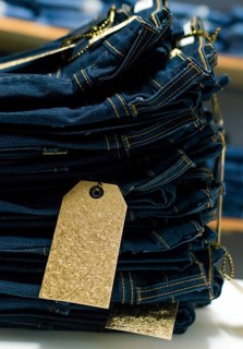 Close up of blue jeans on others with copy space