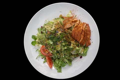 Mixed salad with roasted turkey strips on a black base