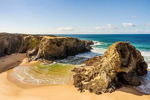 Beautiful landscape and seascape with rock formation in Samoqueira Beach