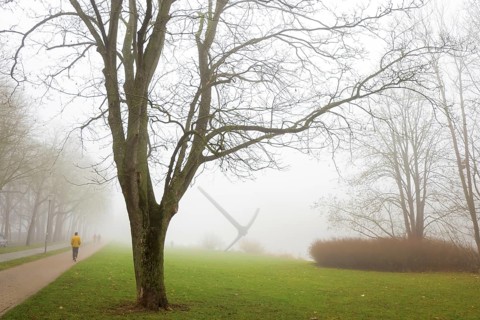 Stroller in the morning fog on the Hiroshima bank on the Fulda with pickaxe
