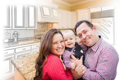 Happy young family over custom kitchen design drawing and photo combination