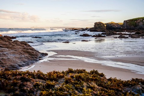 Beautiful landscape and seascape with rock formation in Samoqueira Beach