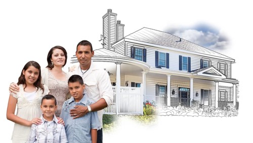 Young hispanic family over house drawing and photo combination on white