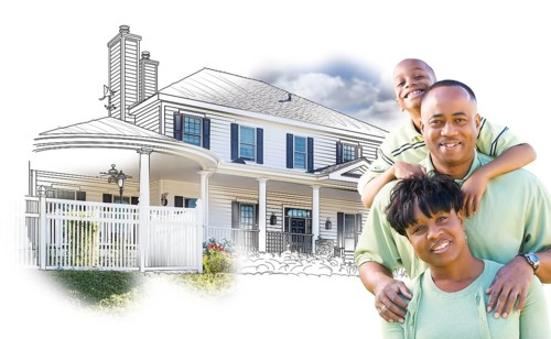 Happy african american family over house drawing and photo combination on white