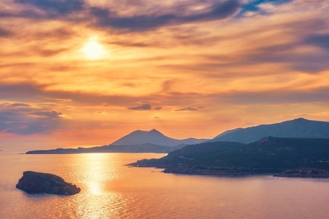 Aegean Sea with Greek islands view on sunset