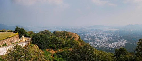 Aerial panorama of Udaipur with Lake Pichola and hills scenery