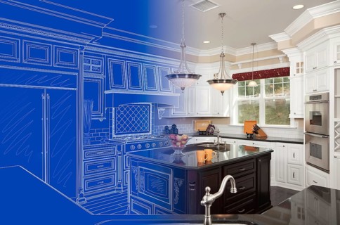Kitchen blueprint drawing gradating into finished build