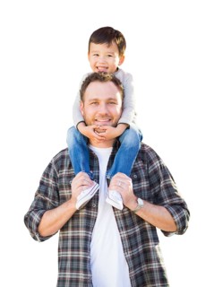 Happy mixed-race chinese boy riding piggyback on shoulders of caucasian father isolated on white
