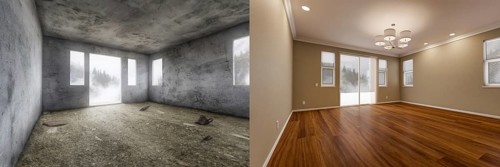 Before and after of unfinished raw and newly remodeled room of house with finished wood floors