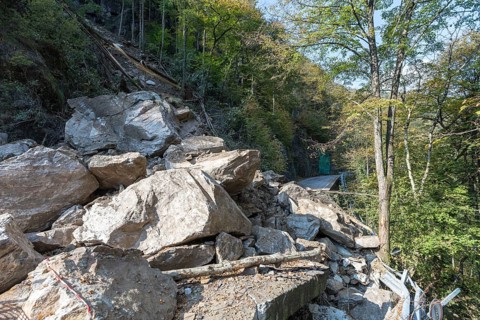 Rockfall on a narrow road