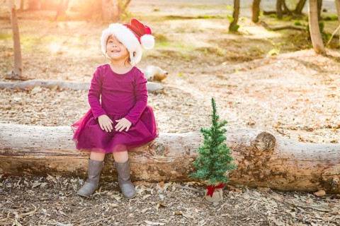 Cute mixed-race young baby girl having fun with santa hat and christmas tree outdoors on log