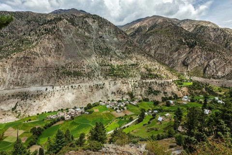 Lahaul valley with small mountain village in Himalayas. Himachal Pradesh