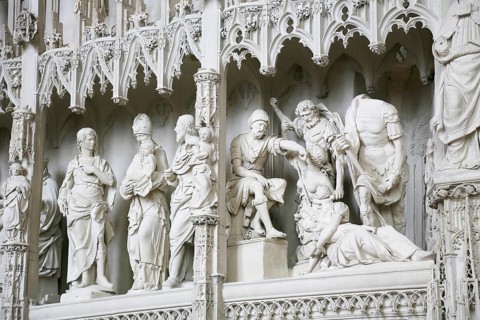 Stone sculptures Scenes from the Life of Jesus and Mary on the choir screen of Notre Dame of Chartres Cathedral