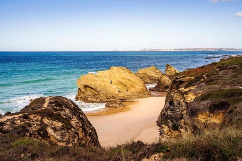 Beautiful landscape and seascape with rock formation in Samoqueira Beach