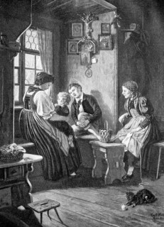 Mother and three children sitting in the parlour watching the first snowfall