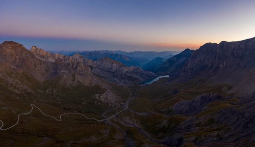 Aerial view of the Sanetsch Pass road and Lake Sanetsch