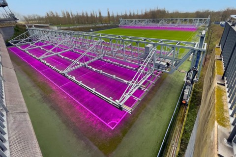 Fully automatic movable LED lighting system for turf growth lighting of stadium driven turf football pitch playing field of Bundesliga club football club FC Schalke 04
