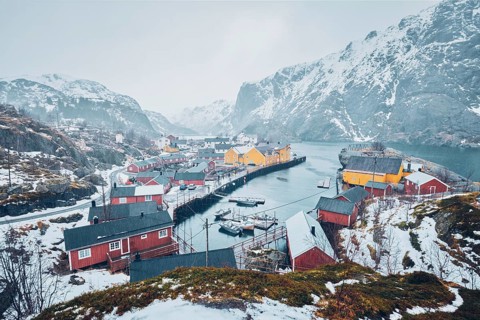 Nusfjord authentic fishing village in winter. Lofoten islands