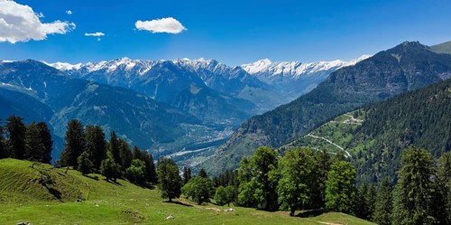 Panorama of meadow in Kullu valley in Himalaya mountains in spring