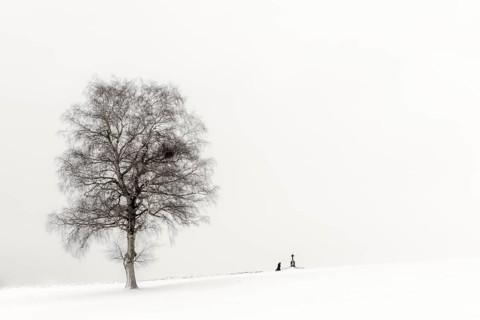 Einsame Frau knieend an Marterl mit Baum in Winterlandschaft