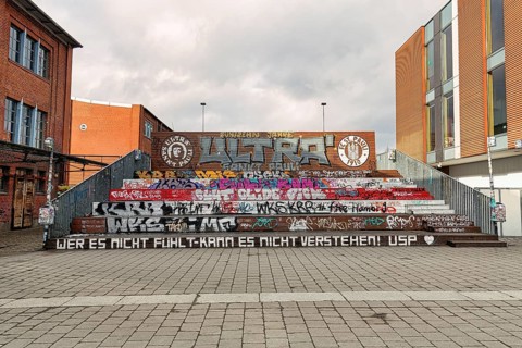 Wooden grandstand for FC St. Pauli football fans