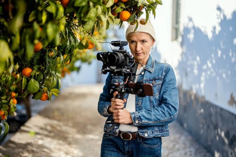 Camera operator with movie setup including a gimbal