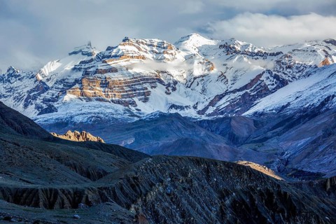 Himalayas snowcapped summit mountains in snow. Near Dhankar