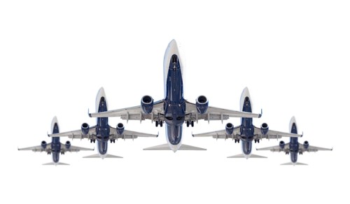 Five passenger airplanes in formation isolated on a white background