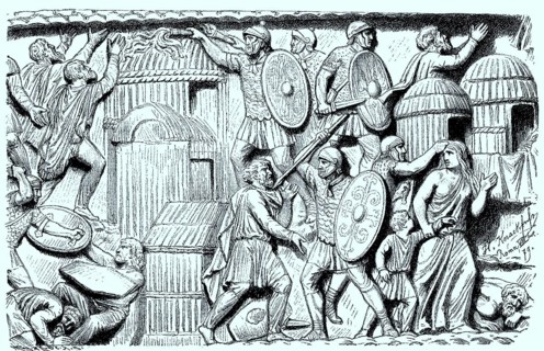 Zerstoerung eines germanischen Dorfes durch die Roemer