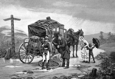 A horse-drawn carriage with a breakdown