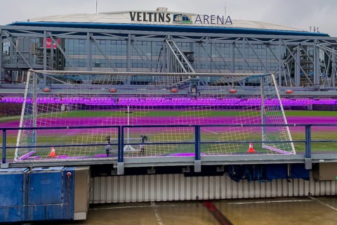 Fully automatic movable LED lighting system for turf growth lighting of out of stadium driven turf football pitch playing field of Bundesliga club football club FC Schalke 04